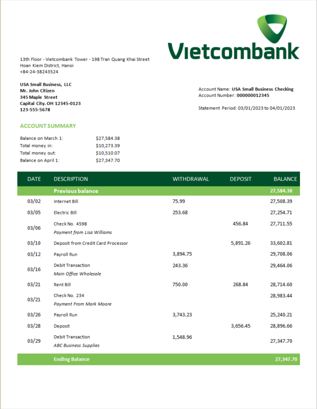 Modèle Word et PDF de déclaration commerciale de Vietcombank